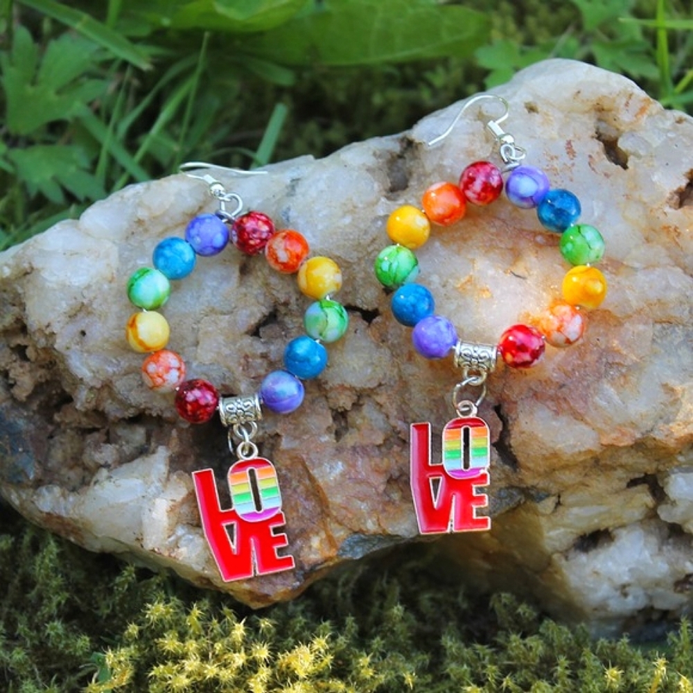 🥳SALE🥳🏳️‍🌈🌈 Gay Pride beaded dangle LOVE hoop earrings